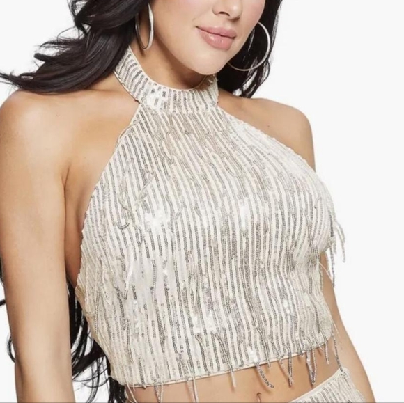 NWT Guess Sequin Fringe Halter Crop Top Size: XS - Picture 1 of 10